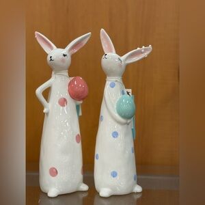 2 Martha Stewart White Ceramic Bunny Figurines with Pink and Blue Accents